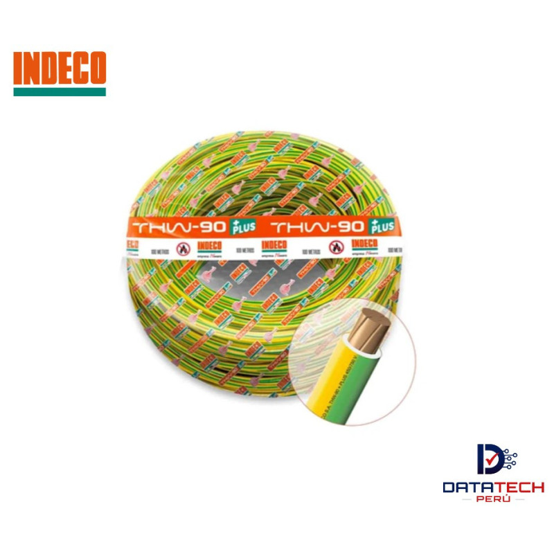 Cable eléctrico THW-90 Plus 14AWG 450/750V rollo por 100m Color Amarillo/Verde INDECO Cable eléctrico THW-90 Plus 14AWG 450/750V rollo por 100m Color Amarillo/Verde INDECO